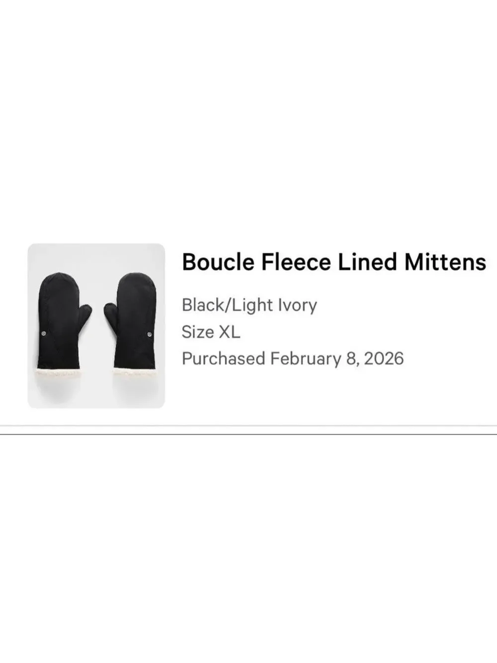 Women's Lululemon Boucle Fleece Lined Mittens Black/Light Ivory, Sz XL